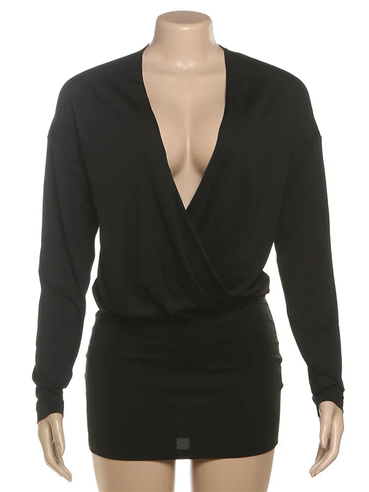Cross Deep V-Neck Dress Women Full Sleeve Stretch Solid Midnight Street Clubwear Party Autumn Trend Elegant Mini Bodycon