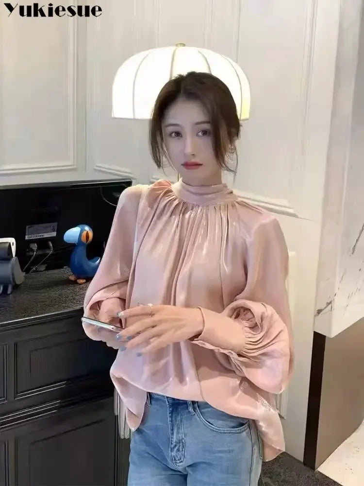 Women's Satin Blouses Stylish Big Bow Shirts 2023 Spring Autumn New Fashion Korean Edition Casual Puff Sleeve Female Solid Top