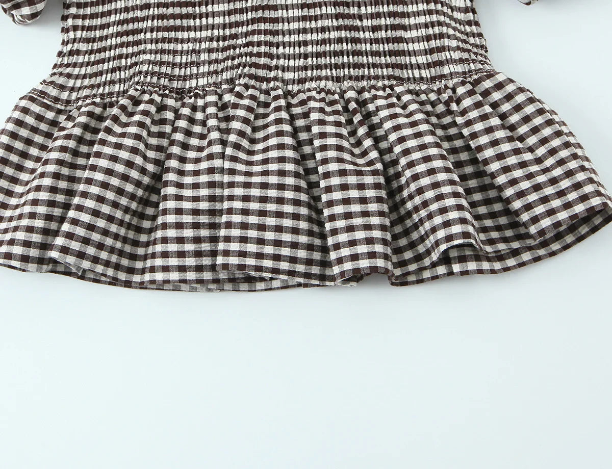 Spring Summer O-Neck Short Puff Sleeve Small Plaid Tops Women Back Button Decoration Tops Female Casual Wear 2026 New