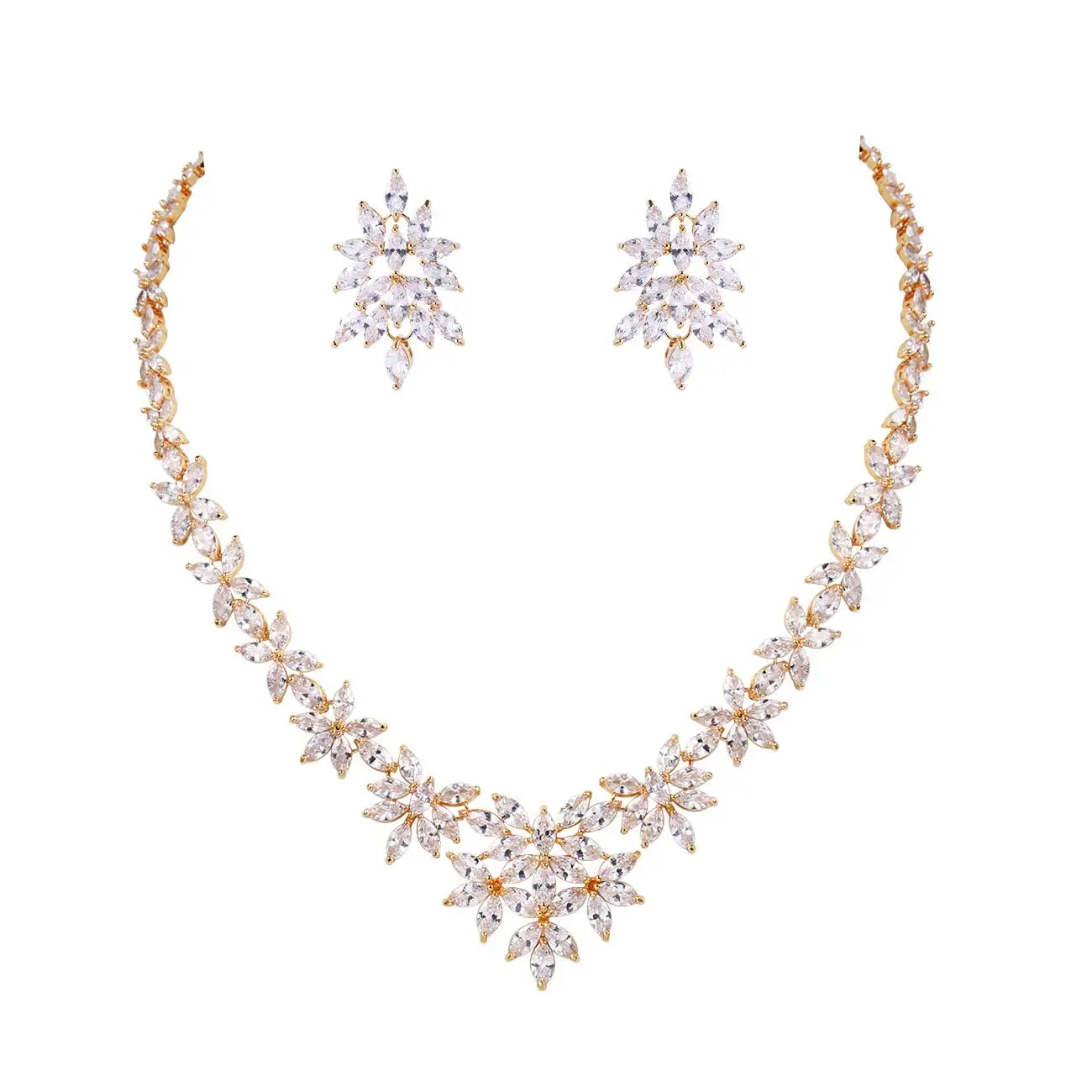Brand Luxury Marquise Cut Cubic Zirconia Cluster Wedding Necklace and Earring Bridal Jewelry Set