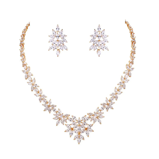 Brand Luxury Marquise Cut Cubic Zirconia Cluster Wedding Necklace and Earring Bridal Jewelry Set