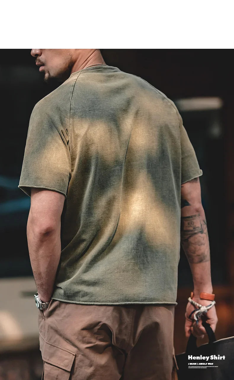 Japanese Vintage Heavyweight Henley T-Shirt Men Distressed Loose Short Sleeve Tops Casual Button Cotton Washed Tee Shirts