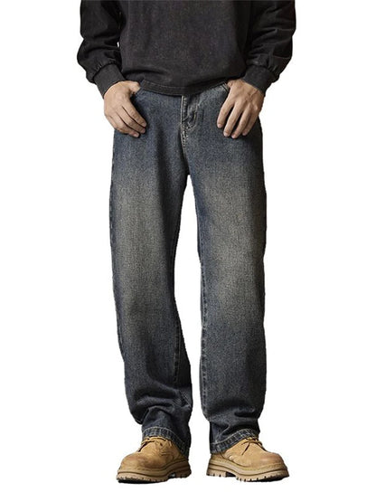 American Men's Y2K Retro Blue Denim Jeans Autumn Spring Relaxed Fit Korean Streetwear Casual Wide-leg Pants with Spliced Pockets