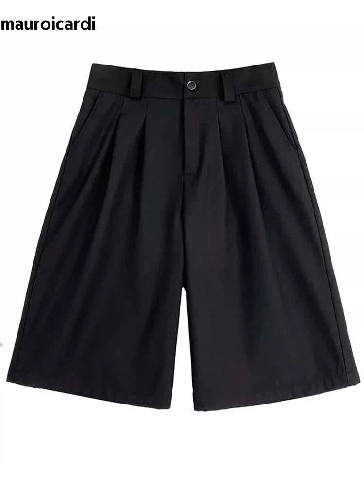 Spring Summer Loose Casual Soft Black Pleated Shorts for Men Mens with High Waist Short Straight Pants Clothes 2024