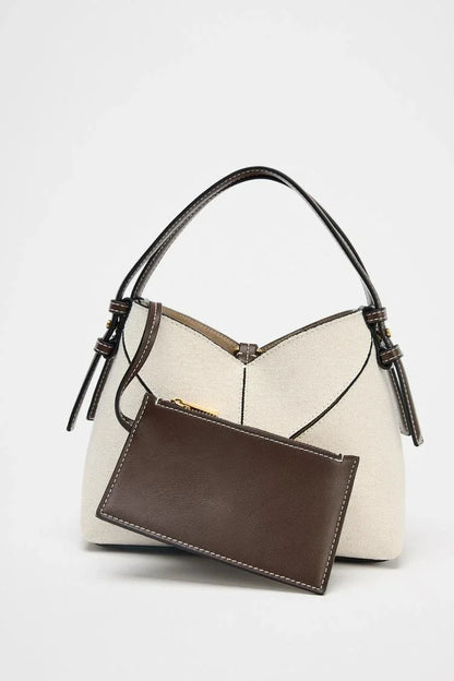 CONTRAST CANVAS MINI SHOPPER, Fashionable Bucket Bag, Designer Shoulder Handbags, Luxury Handle & Removable Crossbody Strap