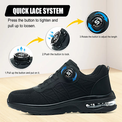 Men's Safety Shoes Steel Toe Anti- Crush Puncture Resistant Kevlar Pure Black Button Air Cushion Lightweight Work Shoes