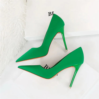 Women 7.5cm 10.5cm High Heels Scarpins Silk Satin Pumps Lady Quality Green Purple Fetish Wedding Bridal Mid Low Heels Prom Shoes