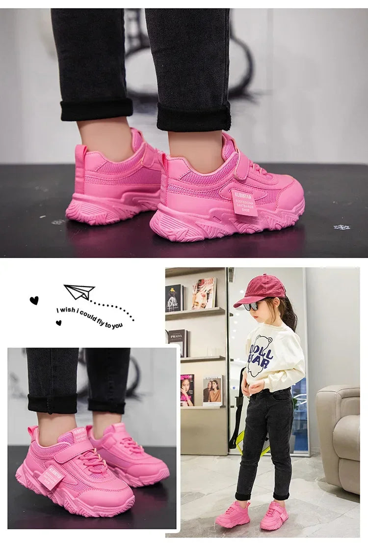 Spring New Kids Sneakers 2025 PU Girls Casual Mesh Solid Pink Light Boys White Hook & Loop Children Non-slip Sports Shoes