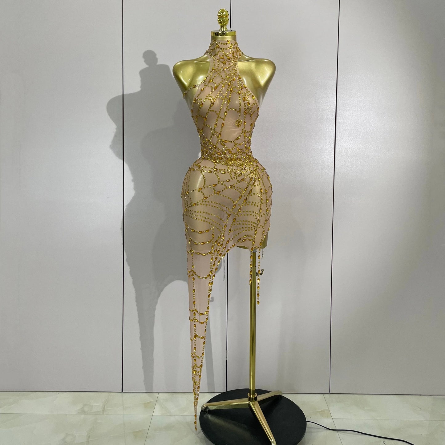 Sparkly Diamond Sexy Mesh Asymmetric Bodycon Mini Dress Women Nightclub Bar Party Show Gogo Dancer Clothing Stage Costume