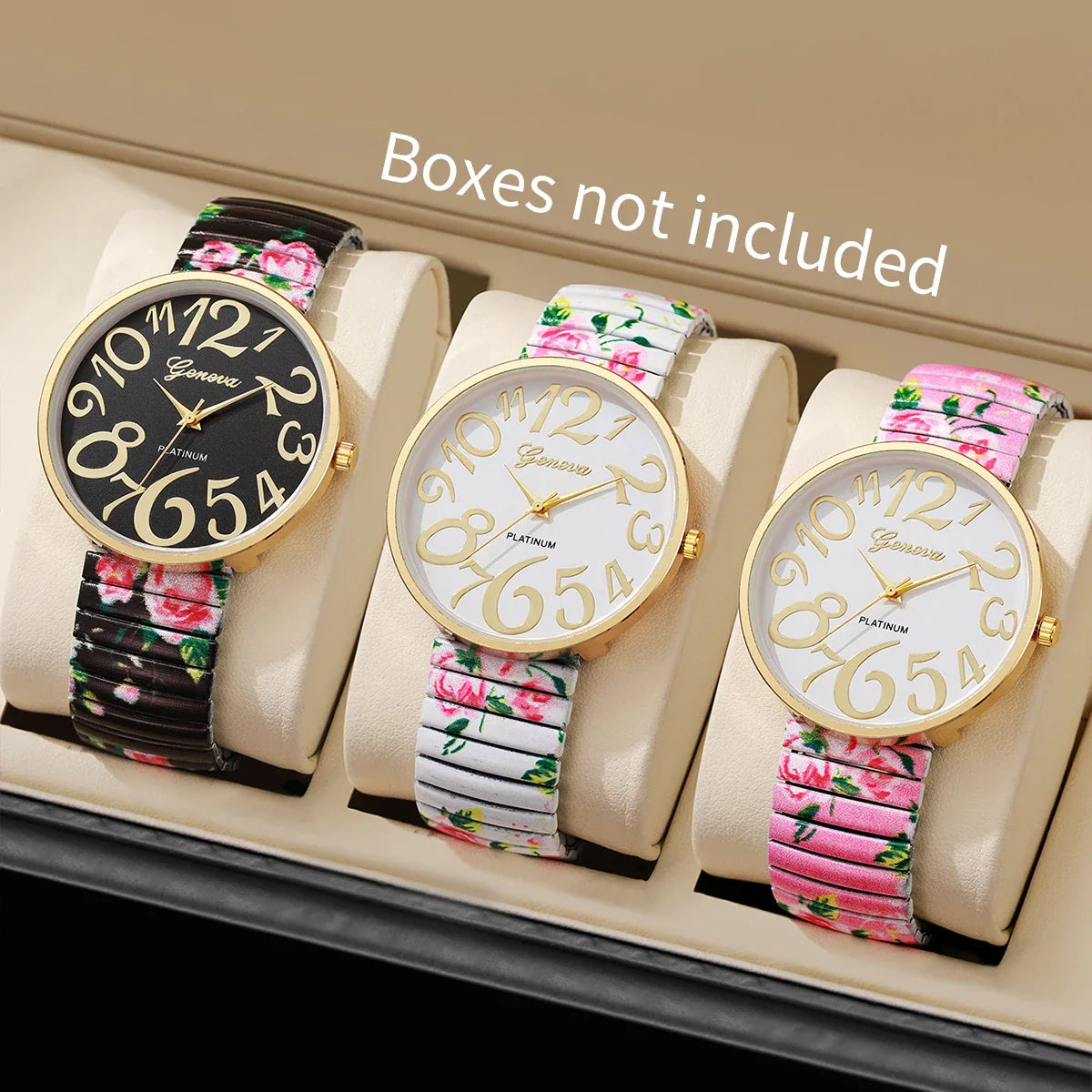 1/2/3/4PCS Fashion Flowers Printed Women Watch Luxury Elastic Strap Arabic Quartz Watches Reloj Mujer Girls Clock（Without Box）