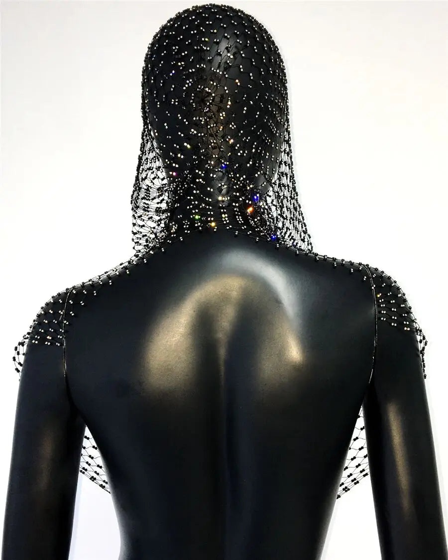 Sexy Deep V Neck Backless Camisole For Women Shiny Rhinestone Hollow See Through Fishnet Hooded Tank Top Rave Festival Crop Tops