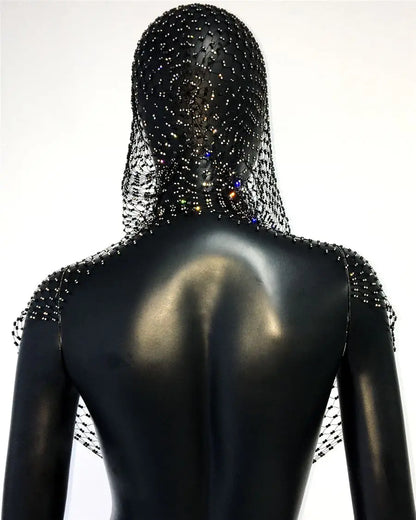 Sexy Deep V Neck Backless Camisole For Women Shiny Rhinestone Hollow See Through Fishnet Hooded Tank Top Rave Festival Crop Tops