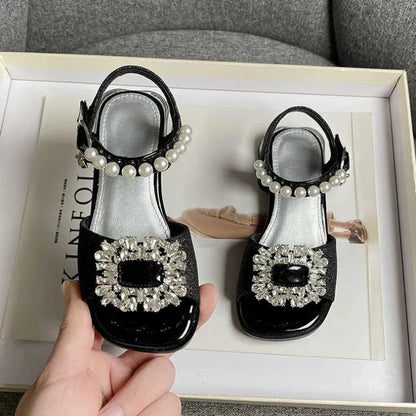 Girl's Sandals Crystal Beading Elegant Patent Leather Children Sliders Open Toe Low Heel Solid Color 26-36 Kids Summer Shoes