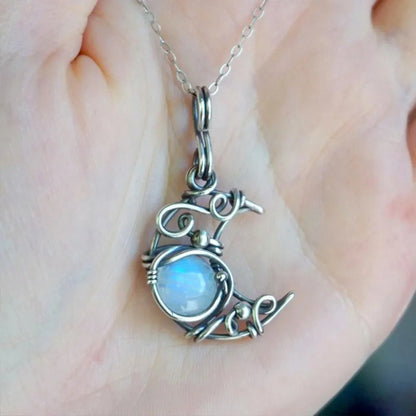 Artificial Moonstone Antique Pendant Necklace Gems Cabochon Vintage Boho Moon Necklace for Lady Girls Women Gift