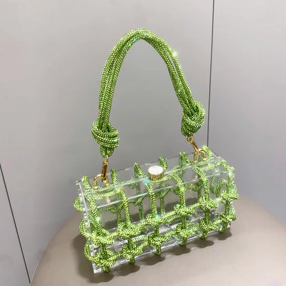 Bolsa de Noite com Alça e Strass Prateada de Cristal Feita à Mão para Mulheres, Bolsas e Bolsas de Mão de Designer de Luxo para Banquete
