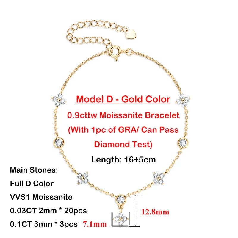 4-Leaf Clover GRA Certified 0.9cttw D Color Moissanite Diamond Bracelet for Woman 925 Silver Link Bracelets Fine Jewelry