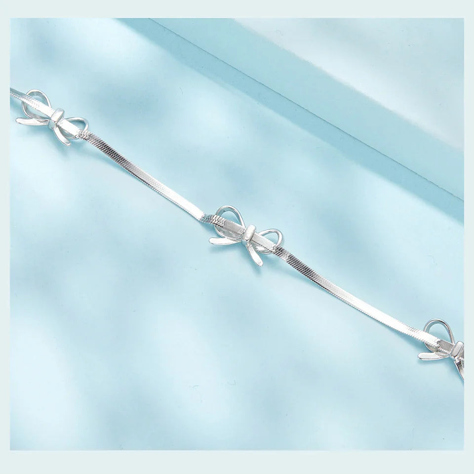 Dainty 925 Sterling Silver Sweet Bow Bracelets for Women Girl, Delicate Ribbon Bowknot Snake Bones Chain Bracelet SCB296
