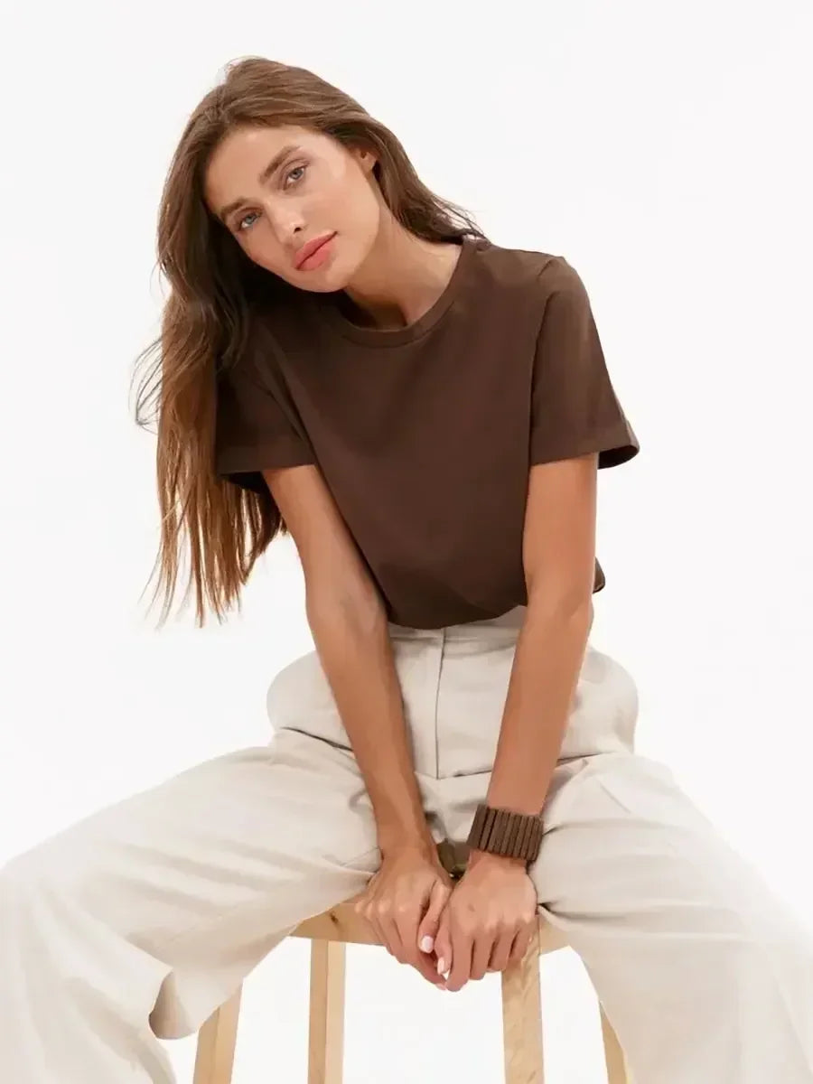 Summer 100% Cotton Women's T-shirt Bottoming Basic Fashionable Solid Lady Short Sleeve Loose Tops Shirts 230g/㎡ Tops