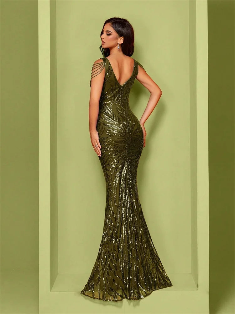 Elegant V-Neck Beading Green Sequin Evening Dress Long New Luxury Women Formal Mermaid Party Prom Cocktail Gowns