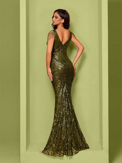 Elegant V-Neck Beading Green Sequin Evening Dress Long New Luxury Women Formal Mermaid Party Prom Cocktail Gowns