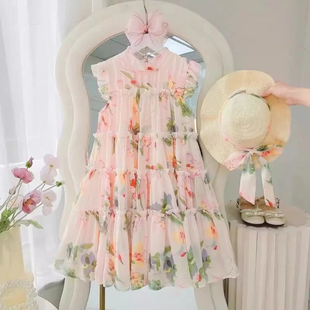 Girls Summer Party Sweet Fashion Clothes Sleeveless Print A-Line Layered Casual Dress 1 Pc 4-13 Years Kids Vacation Wear