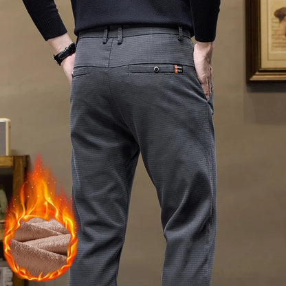 Winter Thicken Men's Solid Slim Straight Casual Pants Business Classic Fleece Trousers Male Warm Plaid Elasticity Pants