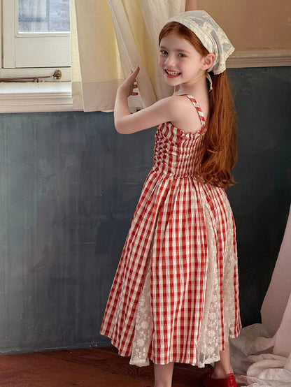 2025 Summer New Children Fairy Long Dress for Girls French Red Checkered Lace Splicing Lace Strap Dress