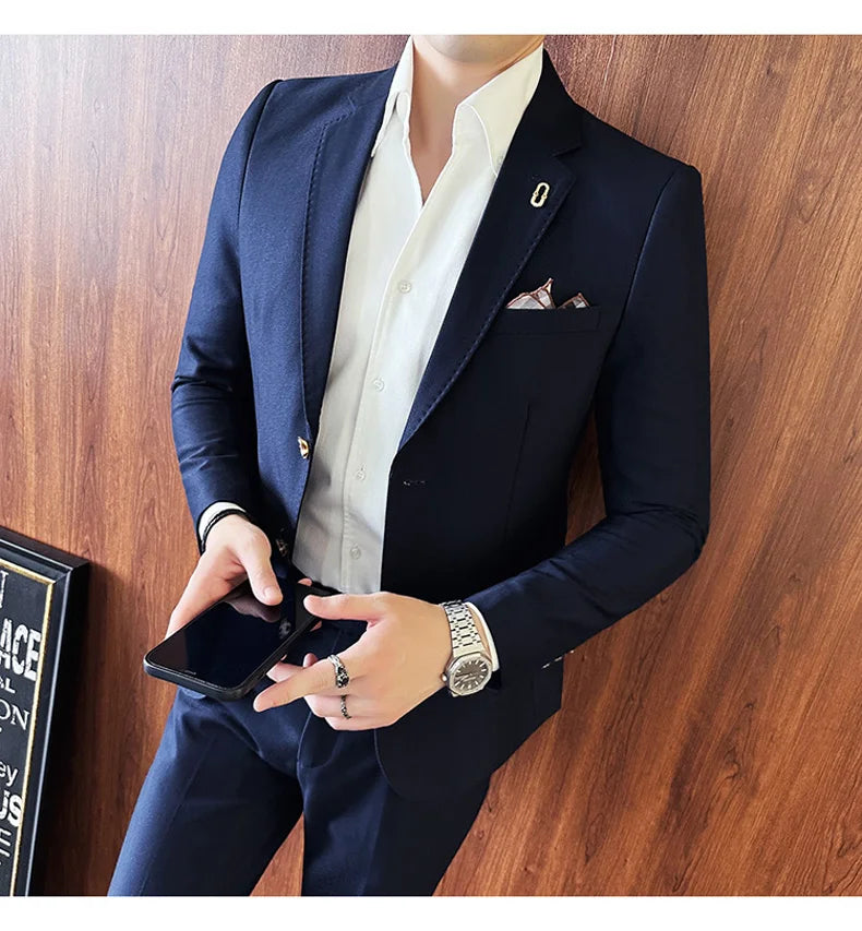 Men's Korean Style Slim Fit Suit Set, High Quality Fabric Solid Color Edge Pressing for Wedding Business