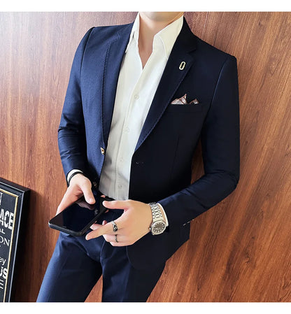 Men's Korean Style Slim Fit Suit Set, High Quality Fabric Solid Color Edge Pressing for Wedding Business