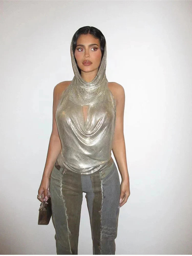 Fashion Metal Sequined Y2k Women Crop Top Tank Tops with Headscarf Metallic Sequins Sexy Backless Hollow Out Halter Corset top