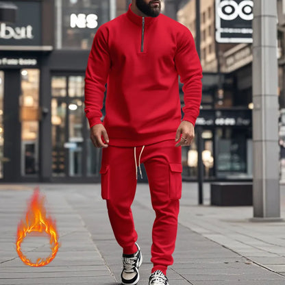 2024 autumn and winter men's casual velvet warm zipper sports trousers set