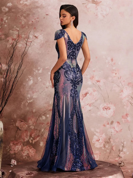 Luxury Cap Sleeve V-neck Sequin Formal Evening Dress Women Elegant Mermaid Party Cocktail Gown Special Event