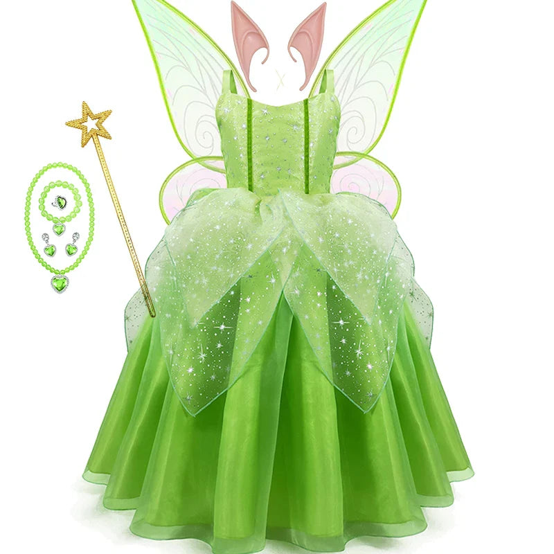 Disney Girls Cosplay Fada Tinker bell Vestido Crianças Princesa Fada das Flores Com Asas Fantasia Festa Tinkerbell Tinker Bell Vestido