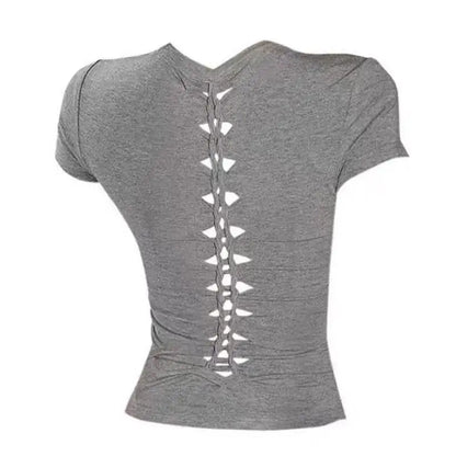 Back Hollow Out Solid Women's T-shirt Korean Fashion Short Sleeve Slim Streetwear Summer Tops Soft Tees Female Clothing