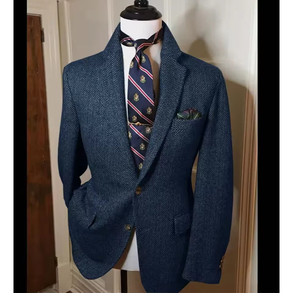 Men's Herringbone Tweed Blazer Vintage British Slim Fit Suit Jacket Wool Blend Formal Coat with Pocket Square Wedding Casual