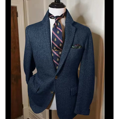 Men's Herringbone Tweed Blazer Vintage British Slim Fit Suit Jacket Wool Blend Formal Coat with Pocket Square Wedding Casual