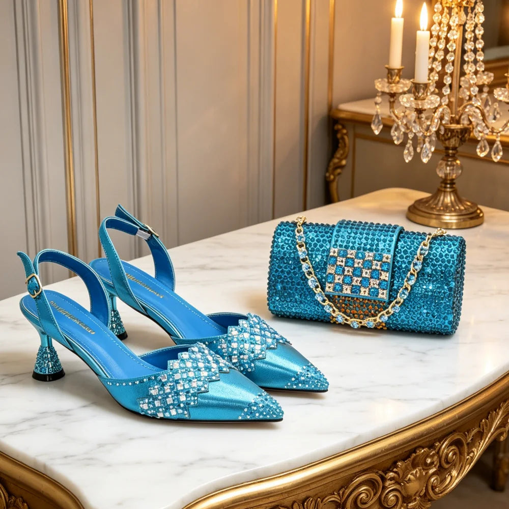 Italian Shoe and Bag Set for Party in Women Ladies Party Shoes with Matching Bag Decorated with Rhinestone Pointed Toe Pumps