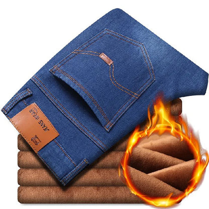 Men New Fashion Winter Warm Jeans Male Fleece Lined Thickened Denim Pants Loose Straight Comfortable Casual Black Blue Trousers