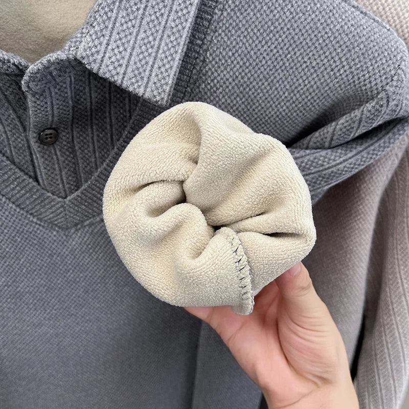 Winter Men's Vacation Two-piece Thick Woolen Sweater with A Warm Collar and Knitted Polo Base for Middle-aged and Elderly People