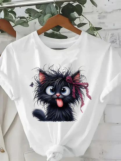 Women's Funny Fried Cat Cartoon T-Shirt with Playful Bow Butterfly Print  Women's Casual  Short Sleeve T Shirt Clothing Top Tee