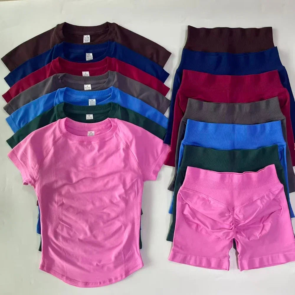 2 Piece Yoga Set Women Outfit Longline Short Sleeve Gym Crop Top High Waist Workout Shorts Sports Suit Fitness Clothes Gym Set