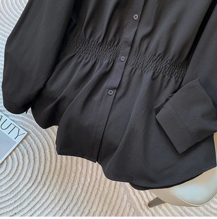 2026 Women's Plus Size Blouse Korean Style Spring Autumn Loose Elegant Casual Mid-length Tops Long Sleeved Waist Cinching Shirts