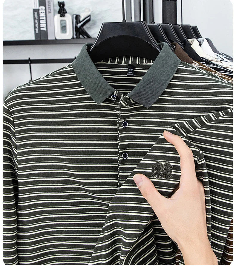 Men's Striped Long Sleeved T-shirt Polo Shirt Button Up Men's Stand Up Collar, Winter Double-sided German Velvet Base Shirt