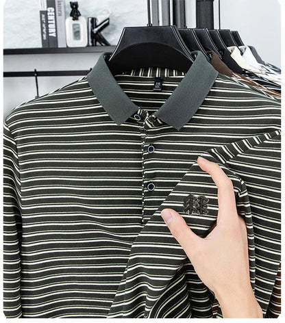 Men's Striped Long Sleeved T-shirt Polo Shirt Button Up Men's Stand Up Collar, Winter Double-sided German Velvet Base Shirt