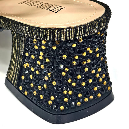 Luxurious Italian Women's Party Shoe and Bag Set – Elegant Black Rhinestone Peep-Toe High Heels Sandals for Weddings