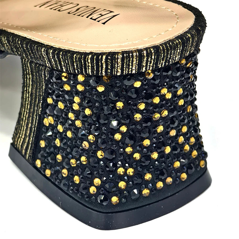 Luxurious Italian Women's Party Shoe and Bag Set – Elegant Black Rhinestone Peep-Toe High Heels Sandals for Weddings