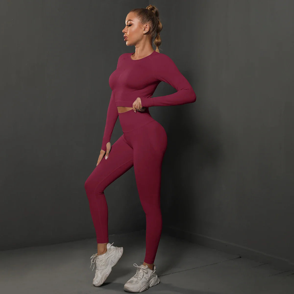 2Pcs Women Sets Energy Seamless Gym Suits Bubble Butt Sports Pants+Long Sleeve Shirts Push Up Running Sets Tracksuits Tights Set