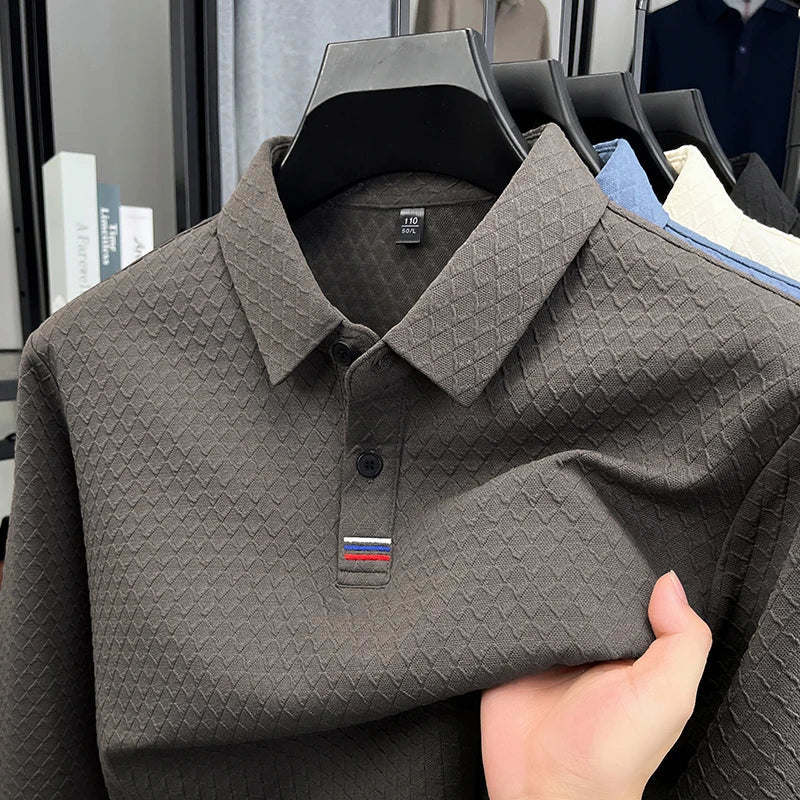 High quality fashion long sleeve polo shirt men's autumn new brand striped jacquard design Korean casual luxury lapel T-shirt