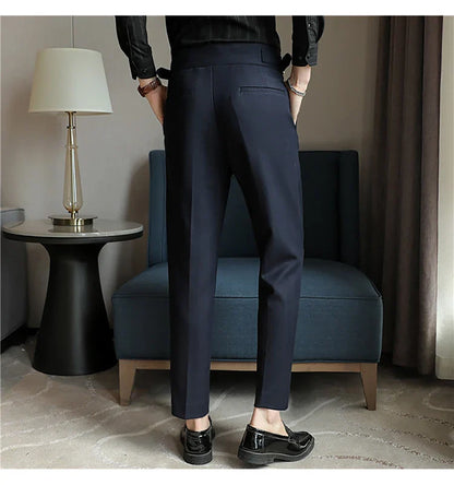 Luxury Men's Slim High-Rise Dress Pants - Heavyweight Subtle Stripe with 3D Pleats & Naples Tailoring