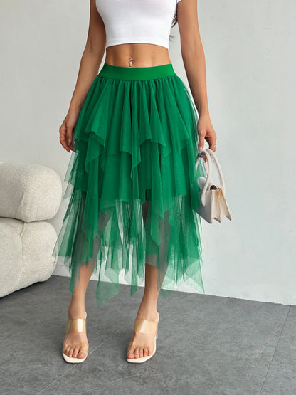 Ladies' high waisted elastic waist layered chiffon midi skirt with irregular asymmetric hem party casual mesh fairy ballet skirt